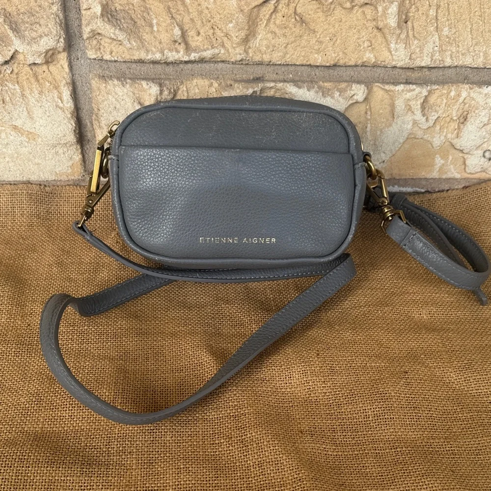 Etienne Aigner Gray Leather Crossbody Bag Purse Logo Camera Bag Stella Mini